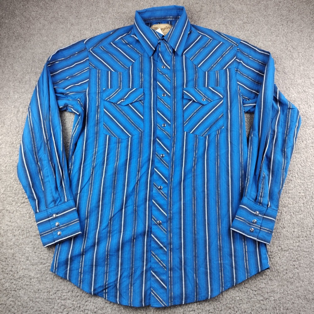 Wrangler Shirt Pearl Snap Long Sleeve Mens Medium Blue Striped Western Rodeo